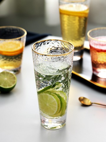 描金玻璃杯錘目紋金邊水杯家用啤酒杯水晶杯透明杯子套裝