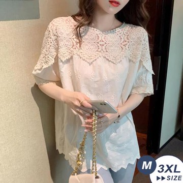 【LANNI 藍尼】★不凡簡奢蕾絲舒適寬鬆雪紡衫(五分袖/約會/春夏/OL/休閒)