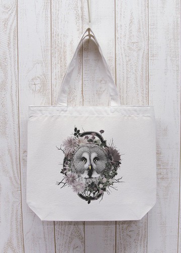 ronronGreatGrayOwl Flower Frame Outing Tote 自然色 / R037-BT-NA