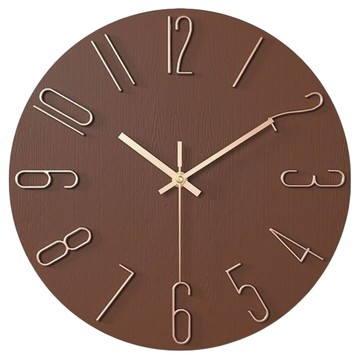 Couselect 簡約靜音掛鐘/客廳裝飾圓形指針時鐘 12吋  咖啡色 + 玫瑰金