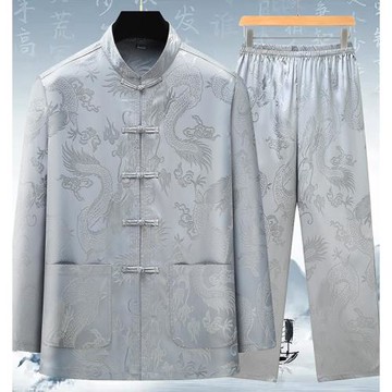 唐裝男春夏冰絲中老年長袖套裝爸爸裝太極服襯衫爺爺晨練衣服漢服