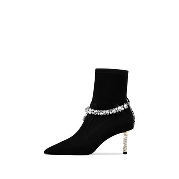 HOOV 小眾水鉆中筒靴女彈力瘦瘦靴2026新款尖頭高跟靴子細跟短靴