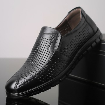 夏季透氣鏤空皮鞋男真皮涼鞋中年老人爸爸鞋中老年軟底防滑爺爺鞋