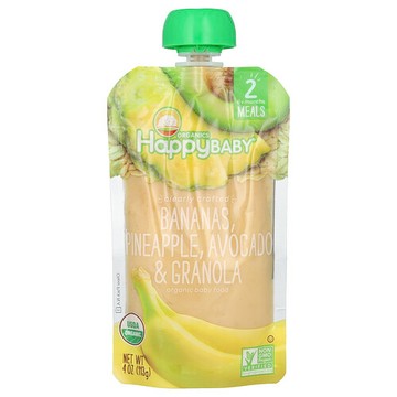 Happy Family Organics, Happy Baby®，有機嬰兒食品，6 個月以上，香蕉、菠蘿、鱷梨和格蘭諾拉麥片，4 盎司（113 克）