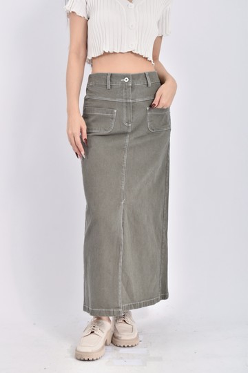 (M) 【艾玲私服】moci丹寧牛仔鬆緊腰綠色長裙