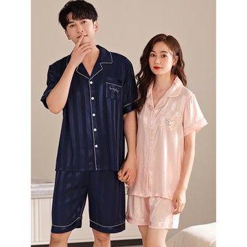 睡衣情侶夏冰絲短袖短褲男女仿真絲綢緞寬松加大碼韓版新款家居服