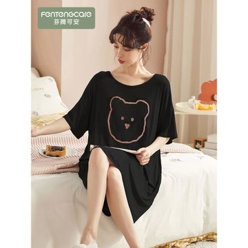 芬騰可安莫代爾短袖睡裙女夏季薄款連衣裙孕婦睡衣女士大碼家居服