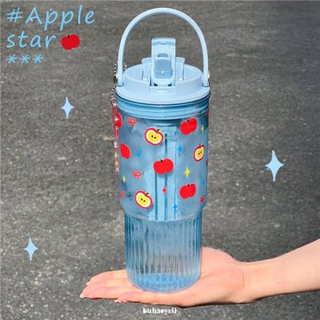 原創紅蘋果星星大容量水杯新款女生高顏值雙飲吸管杯便攜塑料杯子