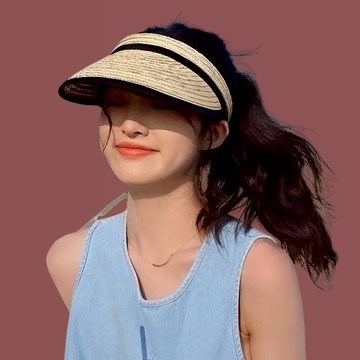 現貨-草編遮陽帽女防曬空頂帽子韓版潮夏天百搭時尚網紅款髮夾草帽時尚