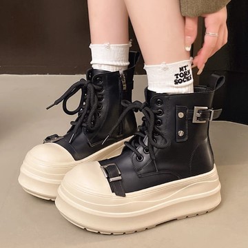 厚底休閒鞋．街頭皮革拼接繫帶釦環側拉鍊高筒布鞋．白鳥麗子