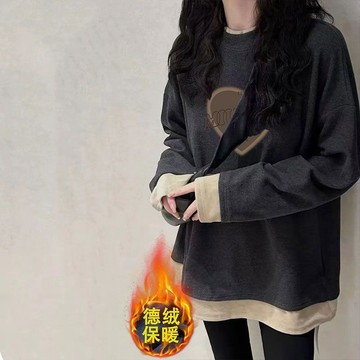 【韓版保暖發熱衣 德絨上衣 女生袖子t恤 打底上衣】雙面德絨拼接假兩件長袖t恤女小眾秋冬季新款寬鬆遮屁股加絨上衣