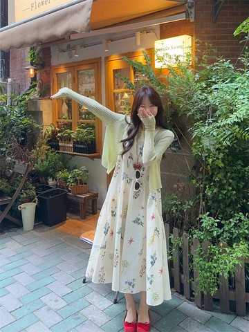 【韓國】花開春曉無袖洋裝針織罩衫套裝-87426