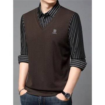 秋季薄款假兩件襯衫領中年長袖t恤男商務休閑寬松加肥加大碼肥佬