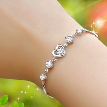 925純銀手鍊 鑲鑽手環-時尚清新簡約愛心生日情人節禮物女飾品2色73gl50【獨家進口】【米蘭精品】