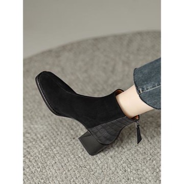 2024年新款真皮方頭短靴女春秋單靴粗跟馬丁靴英倫風短筒高跟靴子