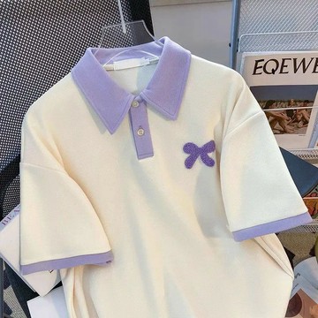 台灣出貨 小衆設計感刺繡polo領短袖T恤女裝夏季新款寬鬆大碼百搭撞色上衣 polo衫短袖女 大碼女裝 短袖t恤