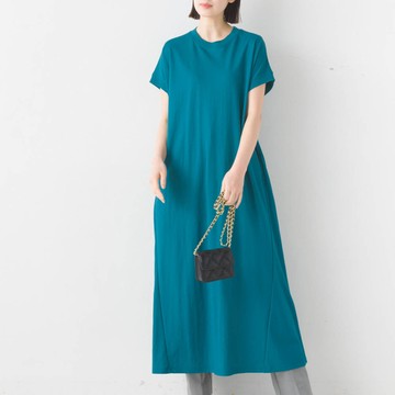 日本 OMNES - 接觸涼感 嫘縈圓領傘狀短袖洋裝-湖水綠