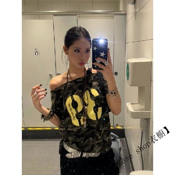 【臺灣出貨】🍉2026美式復古多巴胺迷彩斜肩設計短袖辣妹T恤寬鬆百搭顯瘦女ins t恤女 正韓T恤 女生上衣 休閒上衣
