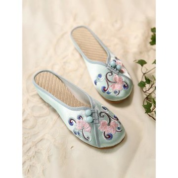 春夏季款老北京布鞋女平底軟底復古盤扣繡花拖鞋外穿古風漢服鞋子