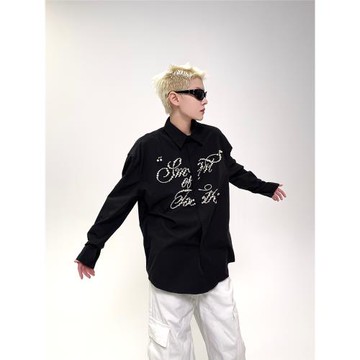 EAT 春季小眾長袖襯衫男女韓系酷風創意珍珠字母寬松休閑黑襯衣潮