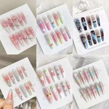 半手工法式穿戴甲 小清新平價長款美甲塗鴉星星美甲貼片 可拆卸甲片