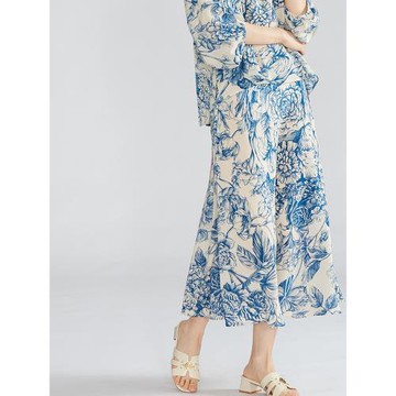 優雅淑女風~法式青花瓷大花 真絲半裙100桑蠶絲雙縐印花顯瘦A字裙