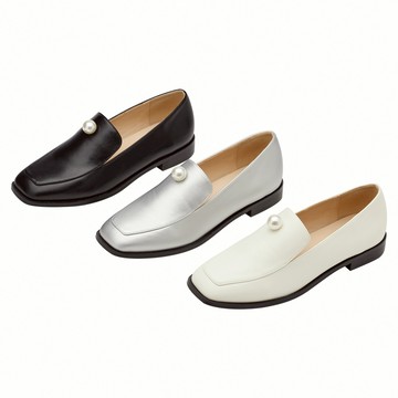 【Grace Gift】樂福鞋 女鞋 皮鞋【奕潔聯名-柔光珍珠方頭低跟樂福小皮鞋】3色 35-41號