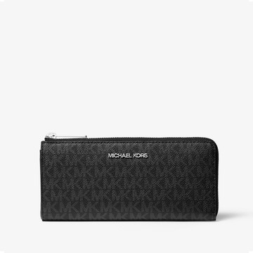 【Michael Kors】金字防刮皮革 滿版拉鍊式薄長夾 MK金屬LOGO(薄長夾 皮夾 手拿包)