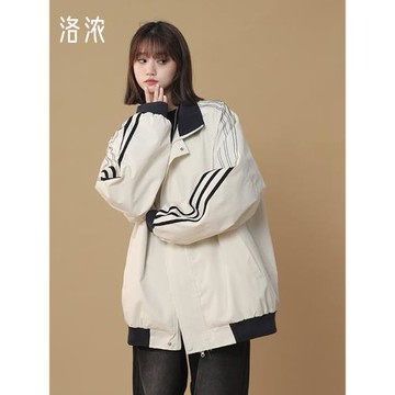 洛濃無性別春秋立領夾克外套男女條紋寬松大碼潮牌高街運動青少年