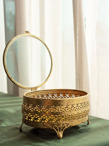 美國古董 大橢圓 鏤花鎏金玻璃珠寶盒