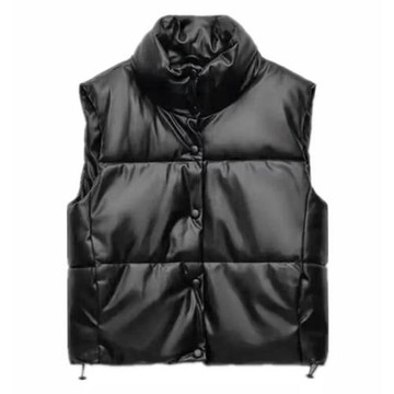 歐美風 新款立領短百搭面包服黑色仿皮棉服背心馬甲 3427801 800