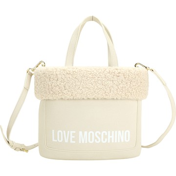 LOVE MOSCHINO 字母麂皮毛毛邊手提/斜背托特包(米白色)
