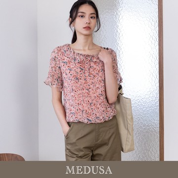 現貨【MEDUSA 曼度莎】粉色牡丹碎花雪紡上衣（M-2L）｜女上衣 短袖上衣