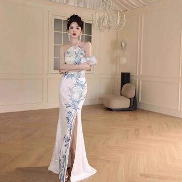 【高品質 禮服 定製】💙 晚禮服新中式國風旂袍裙高級輕奢女晨袍新娘宴會敬酒服魚尾輕婚紗