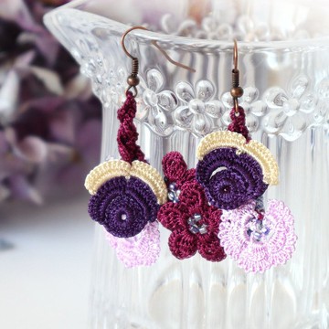 蕾絲與珠飾耳環【Bijou】漿果紫