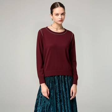 珠鍊裝飾超細織羊毛針織上衣_酒紅色【MON'S 流行服飾】