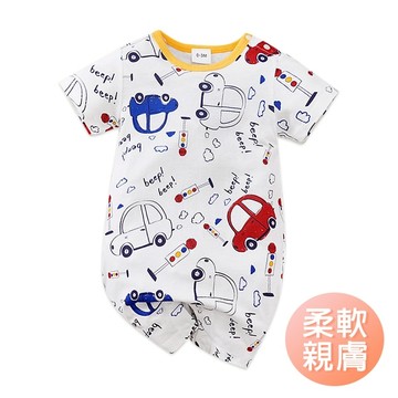 短袖包屁衣 寶寶短袖連身衣 爬服 透氣童裝 小汽車嬰兒服-雪倫小舖