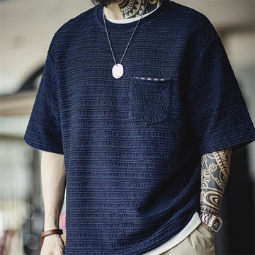 馬登工裝 美式復古針織提花波浪紋T恤肌理感咔嘰寬鬆短袖體恤男夏