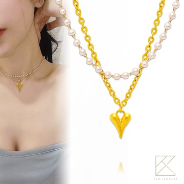 【TLH】珍珠項鍊黃金墜 純金999  月影星耀  復古雙層 約重0.09錢±0.01