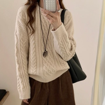實拍 韓系軟糯慵懶風簡約圓領麻花毛衣女秋冬寬鬆外穿針織衫上衣