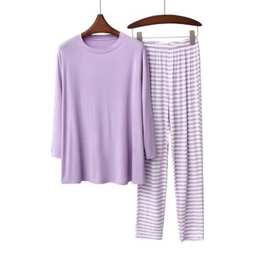 2024年新款莫代爾睡衣女春秋夏季薄款寬松長袖長褲套頭條紋家居服