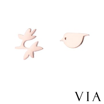 【VIA】動物系列 鳥與枝頭不對稱造型白鋼耳釘 造型耳釘玫瑰金色