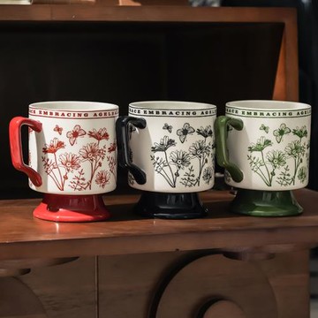 杯子家用喝水杯辦公室法式復古田園風花草英文陶瓷杯高腳馬克杯女