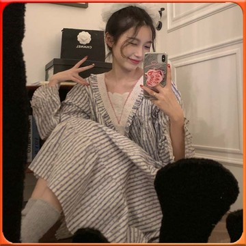 🥇台灣出貨🥇 春鞦季新款日係蕾絲花邊長袖睡衣女甜美休閒荷葉邊中長睡裙傢居服 ✨️滿額免運✨️147-12-B