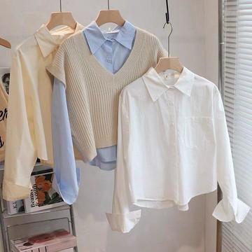 【臺灣出貨】秋冬新款短款襯衫女 小個子內搭疊穿長袖襯衣 計感小衆白色上衣 V領針織背心 假兩件疊穿襯衫 學院風短款襯衣