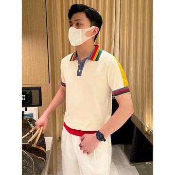 法式時尚高級拼色衣服男士polo衫 夏季新款休閑翻領t恤針織短袖男