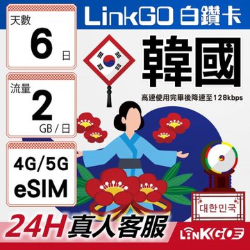 LinkGO白鑽卡 韓國 eSIM卡 6天上網每日2GB 高速流量(韓國網卡 首爾 釜山 濟州島)