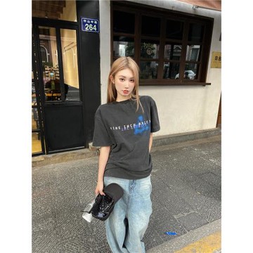 vintage tee NIN九寸釘字母夏季美式休閑水洗做舊短袖高街寬松T恤