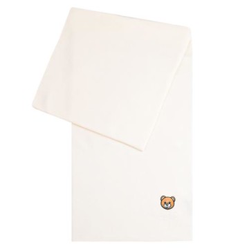 MOSCHINO 30620 M3139 簡約電繡小熊布章羊毛長圍巾.米白