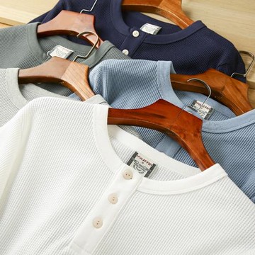 經典好品質！280克重華夫格亨利領長袖T恤男簡約基礎款圓領打底衫